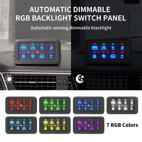 8 Gang Switch Panel With RGB LED Lights showcasing automatic dimmable backlight and multiple color options for vehicles