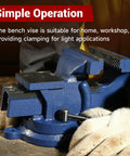 Beefy Heavy Duty 5 Inch Bench Vise With Anvil And 360 Degree Swivel Locking Base Tabletop Clamp in use on workbench