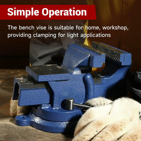 Beefy Heavy Duty 5 Inch Bench Vise With Anvil And 360 Degree Swivel Locking Base Tabletop Clamp in use on workbench
