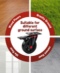 Heavy Duty 4 Inch Caster Wheels With Dual Lock Brakes 2400 Lb Capacity Set Of 4 Non Marking Rubber Tires shown on various surfaces.