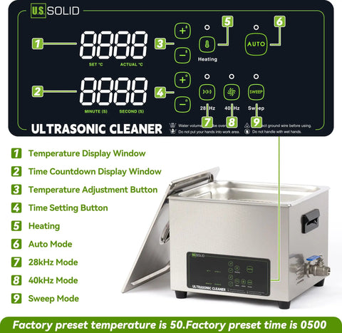 Pro Grade 3 Liter Digital Ultrasonic Cleaner With 28 And 40 Khz Dual Frequency Built In Heater Smart Timer and Degas Mode close-up of control panel.