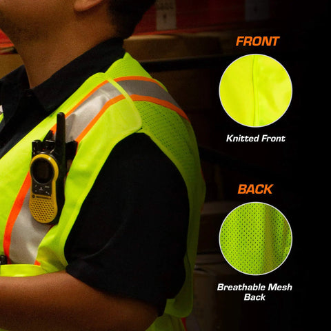 Next Level Breakaway High Visibility Safety Vest With Quick Snap Off Panels And Crisp Reflective Strips For Rugged Outdoor Worksites In Roomy XXXL Cut showcasing knitted front and breathable mesh back.