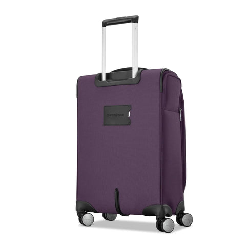 Carry On Soft Side Expandable 21 Inch Element Suitcase With 360 Spinner Wheels Adjustable Handle Two Front And Side Pockets Airport Ready Airline Approved For Most Major Airlines Durable Lightweight Purple showing rear view