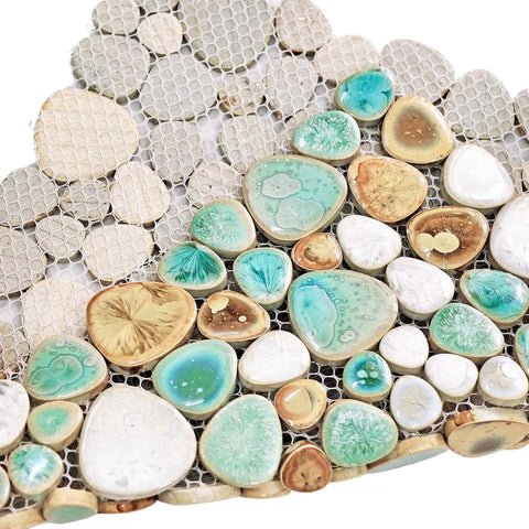 Pebble Porcelain Mosaic Tile Set Dope Glossy Aqua Cream Coffee Mix For Bathroom Walls Shower Floors Spa Decor Glass Ceramic Accent Tiles Water Resistant And Easy To Install Six Square Feet close-up