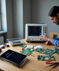 Engineer prototyping with SMD Capacitor And Inductor Assortment Kit For Prototyping And Repairs With 0402 0603 0805 1206 Capacitors.