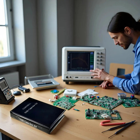Engineer prototyping with SMD Capacitor And Inductor Assortment Kit For Prototyping And Repairs With 0402 0603 0805 1206 Capacitors.
