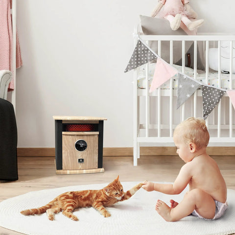 Portable Electric Space Heater That Cranks Up The Heat With 1500 Watt Infrared Quartz Elements next to baby and cat in nursery