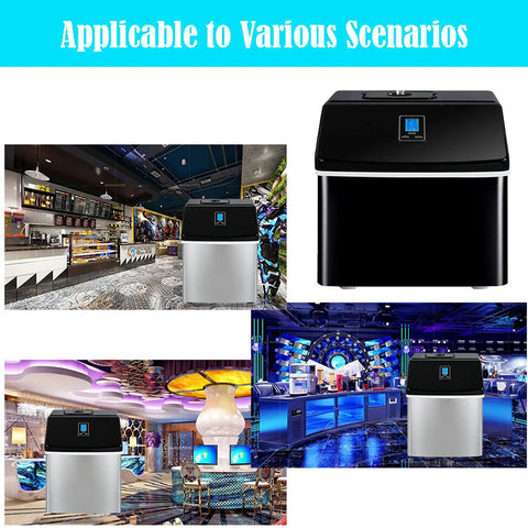 No Sweat Compact Countertop Ice Maker, Ultra Quiet Portable Ice Cube Machine in various settings, perfect for home bars.