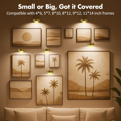 3 Pack Wireless Picture Lights For Wall, Battery Operated Poster Lamps With Polished Gold Finish, Bright 80 Lumen Art Displays illuminating framed art.