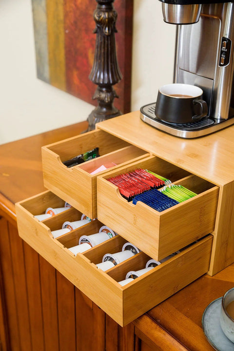Extra Large Bamboo K Cup Holder And 2 Tier Counter Organizer Drawer with filled compartments on a wooden counter