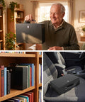 Man holding a Fireproof Document Safe Box With Key Lock Water And Fire Resistant Storage Chest in black, in home setting