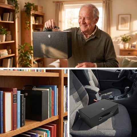 Man holding a Fireproof Document Safe Box With Key Lock Water And Fire Resistant Storage Chest in black, in home setting