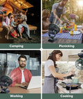 Clip On Camping Fan With LED Lantern Magnetic Base And Hanging Hook used for camping, picnics, work, and cooking