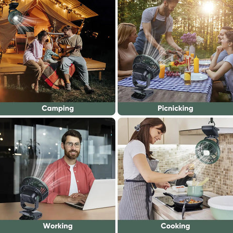 Clip On Camping Fan With LED Lantern Magnetic Base And Hanging Hook used for camping, picnics, work, and cooking