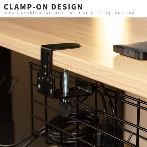 Close-up of clamp-on attachment for black 17-inch iron mesh rack under desk cords, Two Pack Clamp On Desk Cable Management Trays