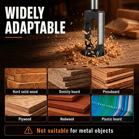 Professional Grade Wood Plug Cutters And Tenon Dowel Drill Bits Kit With Rugged Case assorted sizes for various wood types shown.