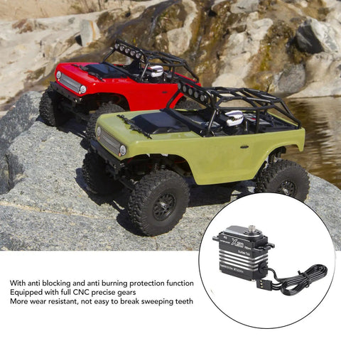 Bad Boy Rc Digital Servo 50kg Torque Heavy Duty Full Metal Cnc Gears Aluminum Alloy Motor Build For Rc Cars Robots Boats Slick Steering Quick Response Gearbox with red and green RC cars on rocks.