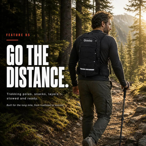 Man hiking with Hydration Backpack With 2L BPA Free Water Bladder Lightweight Daypack With Waist Pockets and Helmet Holder.