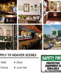 Collage of various indoor spaces with a 'Safety First' sign in lower corner, See Your Supervisor Aluminum Sign 8x12 Inches visible