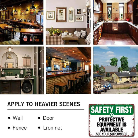 Collage of various indoor spaces with a 'Safety First' sign in lower corner, See Your Supervisor Aluminum Sign 8x12 Inches visible