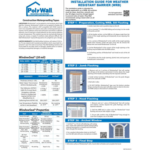 Installation guide for Window Seal Flashing Tape for windows and doors, includes steps and product specifications.
