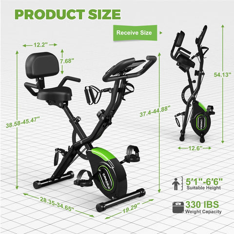 Crush Your Cardio Game On This Smooth Five In One Folding Exercise Bike Featuring Sixteen Level Magnetic Resistance And Rock Solid Three Hundred Pound Build dimensions illustration.