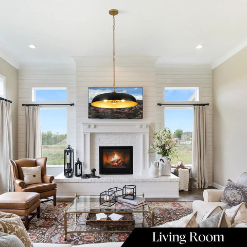 puncoll 20.5" Black and Gold Chandelier, 3-Light Dome Large Pendant Light hanging in a stylish living room over a fireplace.