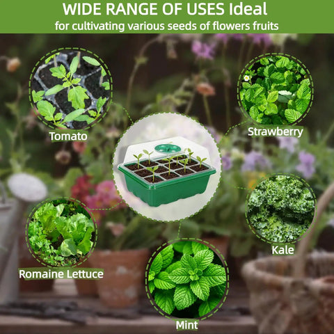 10 Pack Seed Starter Tray Kit With Humidity Dome 120 Cell Trays For Germination And Seedlings showing diverse plant uses.