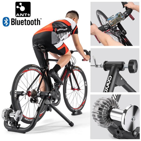 Athlete using Smart Fluid Bike Trainer For 26-29 Inch Wheels And 700c, Ultra Quiet Indoor Cycling Stand, Zwift Compatible.