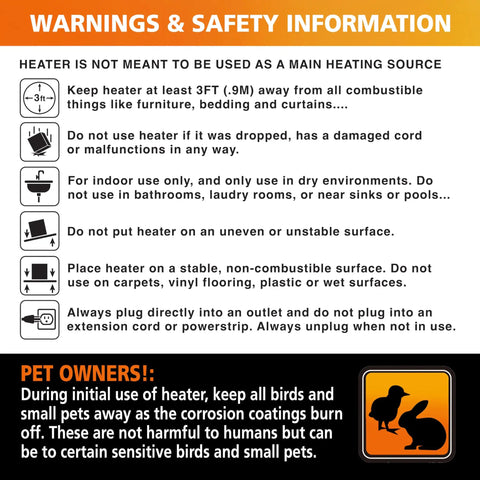 Warnings and safety information for Dual Watt Personal Heater, keep 3ft from combustibles, for indoor dry use, stable surface required.