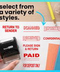 Top Shelf Self Inking Rubber Stamp With Vivid Red Ink And Reusable Dual Pad For Quick Confidential Marking, showing various stamp styles.