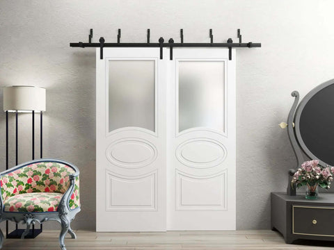 Opaque Glass Barn Sliding Closet Doors Set With 6.6Ft Rails, Matte White Finish, in a modern bedroom setting