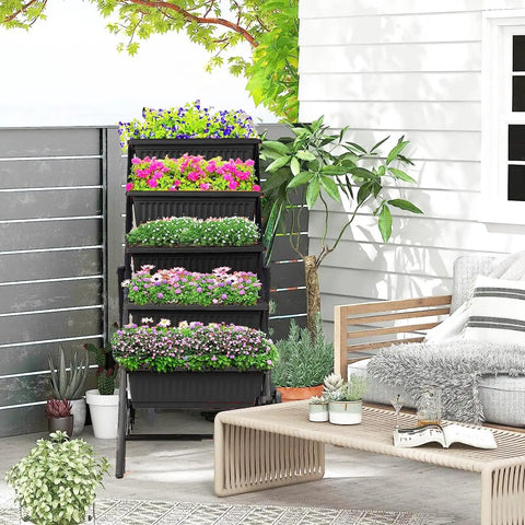 5 Tier Elevated Garden Bed With Lockable Caster Wheels For Freestanding Vertical Growing, Includes Five Planter Boxes To Grow Vegetables Herbs And Flowers Indoors Or Outdoors In A Space Saving Easy Peasy Assembly Durable Black Design on patio