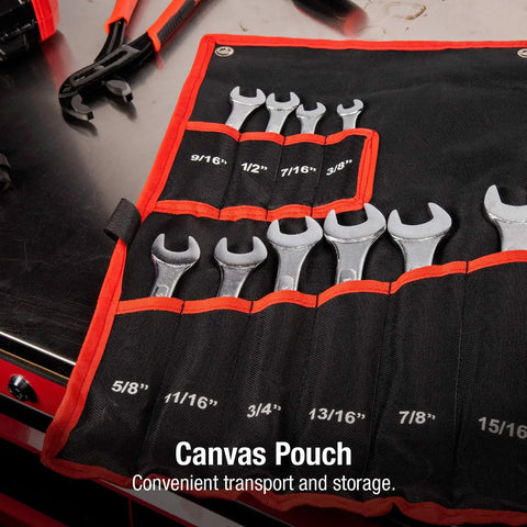 14 Piece SAE Combination Wrench Set With 15 Degree Box End Offset Radius Corner Design Chrome Plated in canvas pouch