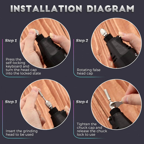 Installation steps for Powerful Chainsaw Sharpener Kit With 180W Motor And 5 Speed Settings 8000 To 35000 RPM, showing assembly process.