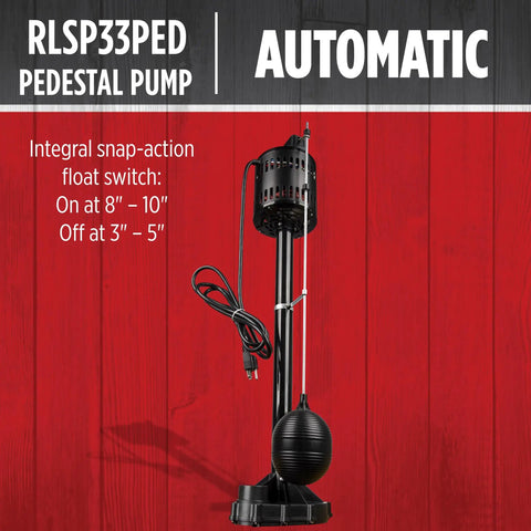 Pedestal Sump Pump 115V 1/3 HP 3300 GPH Thermoplastic Homeowner Friendly With 8 ft Cord, Automatic Float Switch, Black