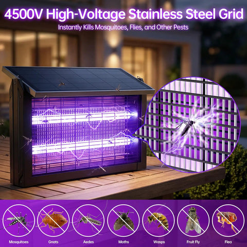 Rechargeable Solar Powered Mosquito Zapper With 4500V High Voltage, 15W Solar Panel, Waterproof Cordless Bug Zapper Lamp