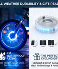 Rechargeable Bike Wheel Lights With Nine Colors And Twenty-One Modes, motion activated LED tire lights displayed on bike wheel