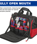 Rugged Wide Mouth Tool Bag With Waterproof Rubber Base For All Tools Heavy Duty Pro Grade Organizer With 46 Pockets shown open with tools