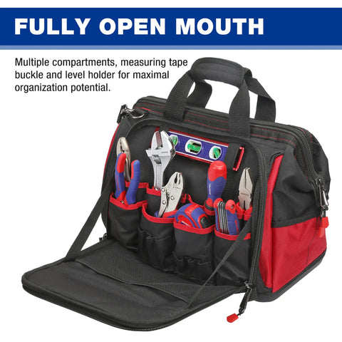 Rugged Wide Mouth Tool Bag With Waterproof Rubber Base For All Tools Heavy Duty Pro Grade Organizer With 46 Pockets shown open with tools