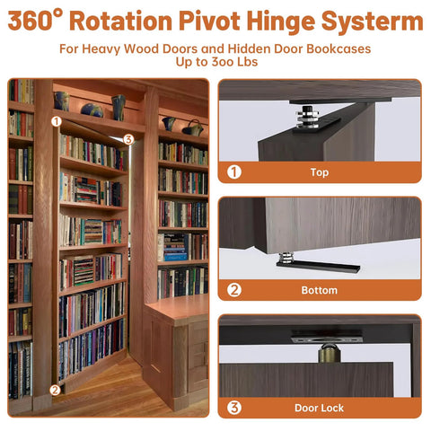 Hidden Pivot Hinge Kit For Secret Bookcase Doors With Smooth 360 Degree Rotation Heavy Duty Hardware Supports Up To 330 Lb Two Pack Black Stainless Steel