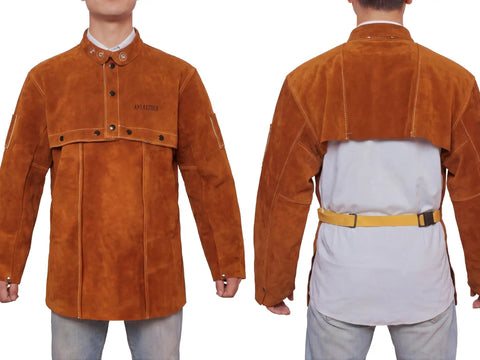 Front and back view of Leather Welding Jacket With Open Back And Cape Sleeve, Bib Apron Style Welder Coat, Medium size.