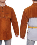 Front and back view of Leather Welding Jacket With Open Back And Bib Apron Cape Sleeves, heavy duty heat and flame resistant