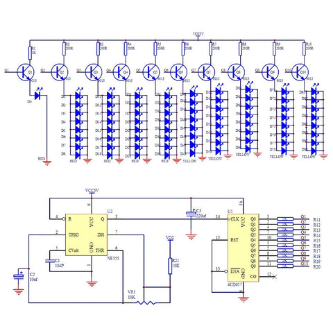 Circuit diagram of LED Flowing Light Soldering Practice Board PCB DIY Kit EK1874 With Exploding Water Lamp Effect