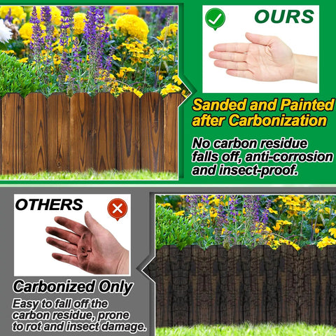 Comparison of Wooden Garden Edging Border Kit No Fuss Pine Flexible Landscape Border 13.1ft By 11.8in, showing sanded finish versus carbonized only finish.