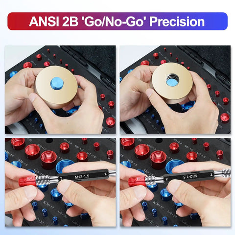 Hands using 50 Piece Thread Checker Kit For Nuts And Bolts With 27 SAE And 23 Metric Gauges In A Slim Foam Case for precise sizing