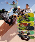 Skatepark scene with skateboarders and Six Tier Wooden Skateboard Wall Rack Mount 36 Inch Display Stand And Storage Organizer