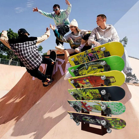 Skatepark scene with skateboarders and Six Tier Wooden Skateboard Wall Rack Mount 36 Inch Display Stand And Storage Organizer