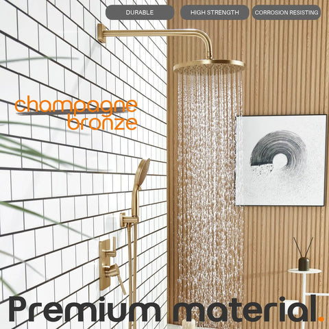 Premium Bathtub Shower Trim Kit Boasting Slick Champagne Bronze Finish And Straight Up Heavy Duty 10 Inch Rainfall Head Paired With Triple Action Handheld Spray Including Solid Brass Valve For Easy Wall Mount Setup