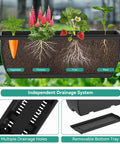 Raised Garden Bed With Legs, 32 Inch Elevated Planter Box For Veggies And Herbs, Includes Drainage Holes, Trellis, And Four Plastic Planting Stations, Great For Balcony Or Patio, Outdoor Black with multiple drainage holes and removable bottom tray